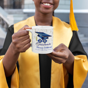 Caneca De Café Azul de graduação personalizado e Dourado 20XX