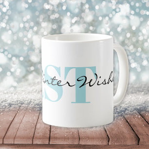 Caneca De Café Azul de Inverno Monograma e Calorosos Votos de Inv