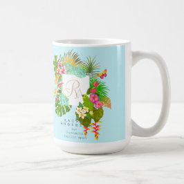 Caneca De Café Azul de Monograma Tropical Garden