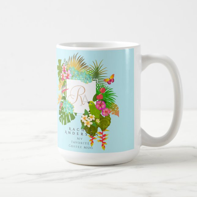 Caneca De Café Azul de Monograma Tropical Garden (Direita)