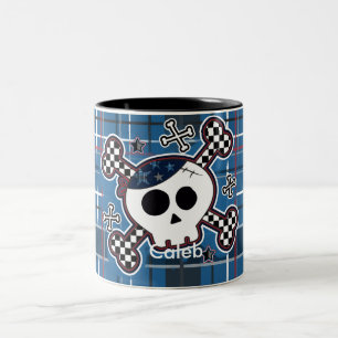 Caneca de café azul do crânio da xadrez & do copo