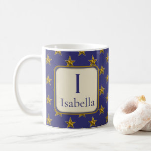 Caneca De Café Azul, Dourado Stars Nome Monograma Inicial
