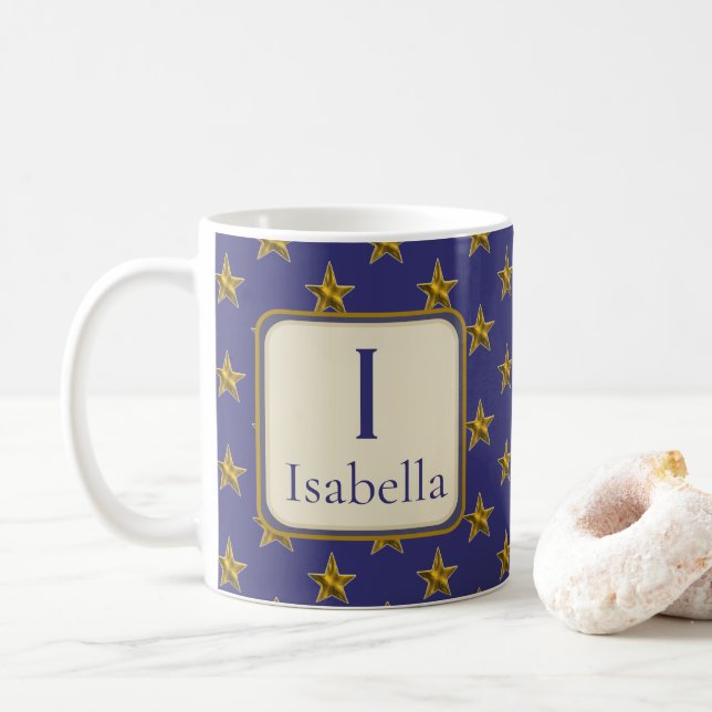 Caneca De Café Azul, Dourado Stars Nome Monograma Inicial (Com Donut)