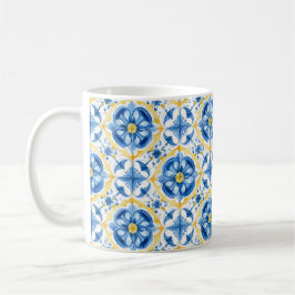 Caneca De Café 💛 💙 Azul e amarelo, floral de aquarela Azulejos