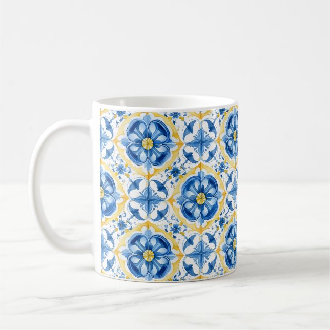 Caneca De Café 💛 💙 Azul e amarelo, floral de aquarela Azulejos (Esquerda)
