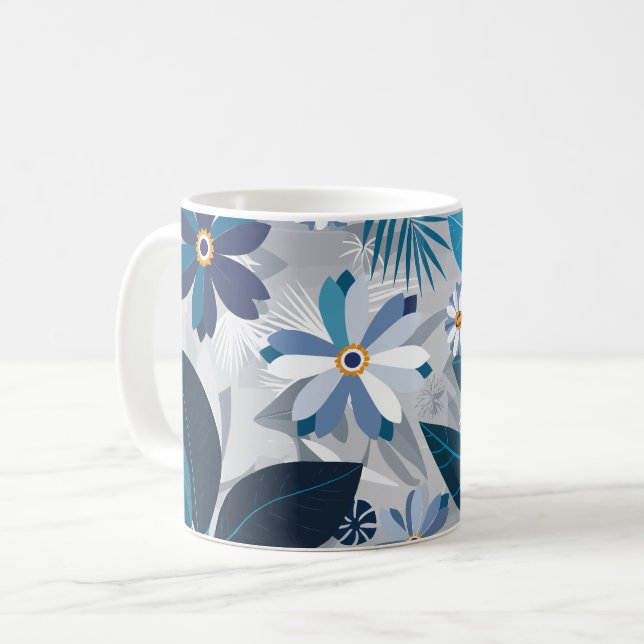 Caneca De Café Azul e Branco Modernos com Folhas Geométricas (Frente Esquerda)