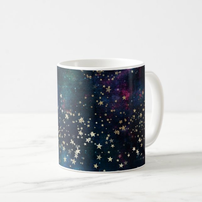 Caneca De Café Azul e Dourado sob o céu noturno das estrelas (Frente Esquerda)