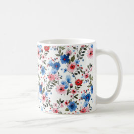 Caneca De Café Azul e Floral Vermelho