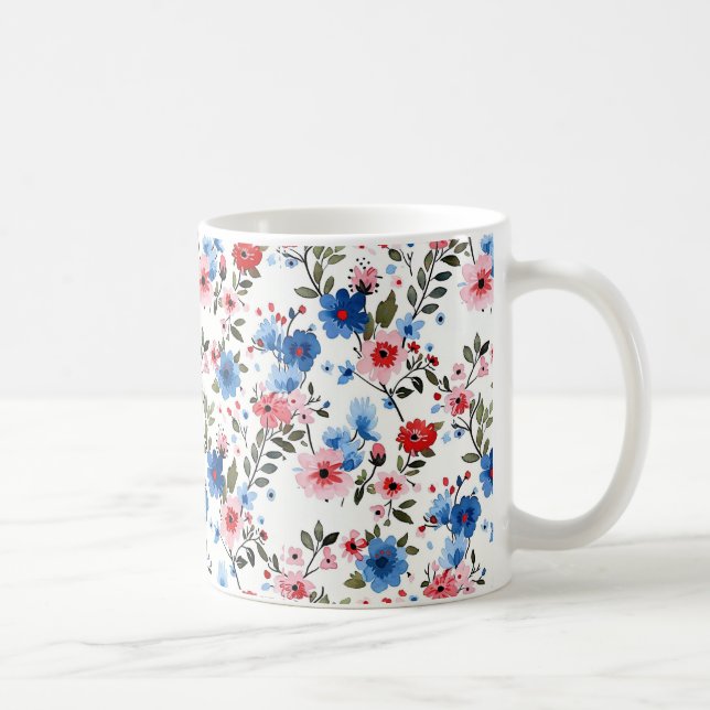 Caneca De Café Azul e Floral Vermelho  (Direita)