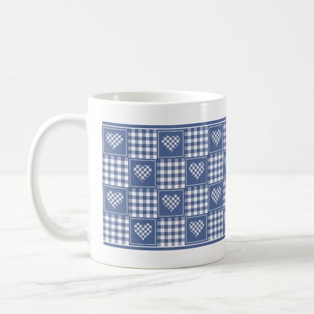 Caneca De Café Azul empoeirado Buffalo Xadrez Remendo Corações Br (Esquerda)