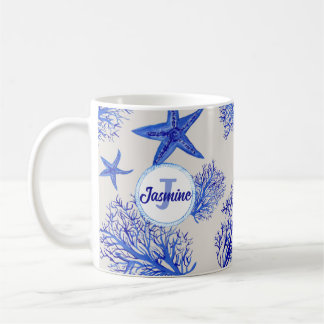 Caneca De Café Azul-estrela-coral-nome-monograma-personalizado