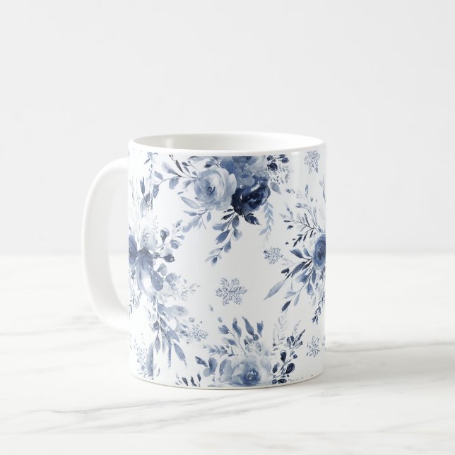 Caneca De Café Azul Floral Branco   (Frente Esquerda)