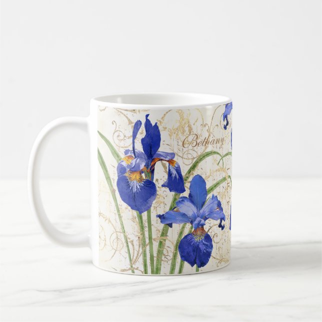 Caneca De Café Azul Floral Iris Dourado Damask Monograma Nome (Esquerda)