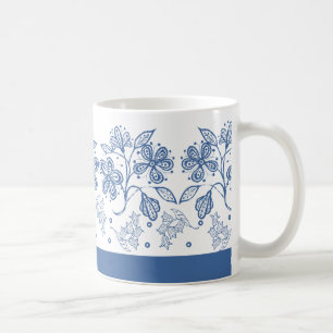 Caneca De Café Azul Indigo Personalizado na Mug Floral Branca