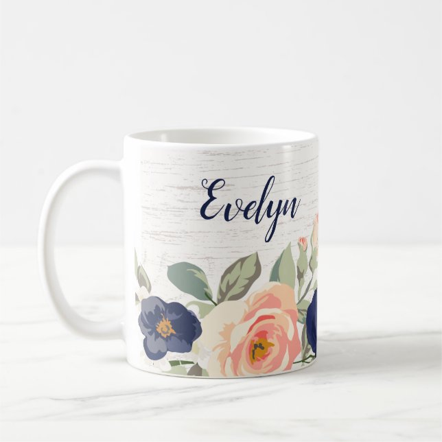 Caneca De Café Azul-Marinho Bonito Russo, Peach Floral Personaliz (Esquerda)