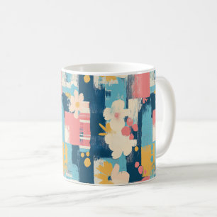 Caneca De Café Azul-Marinho Coral Turquesa Bloco de Cor Floral