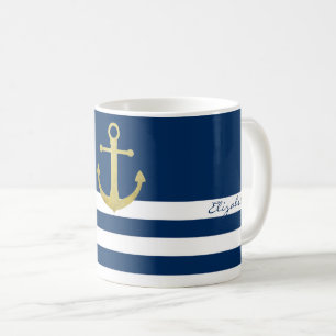 Caneca De Café Azul Marinho de Âncora, Dourado, náutico, com risc