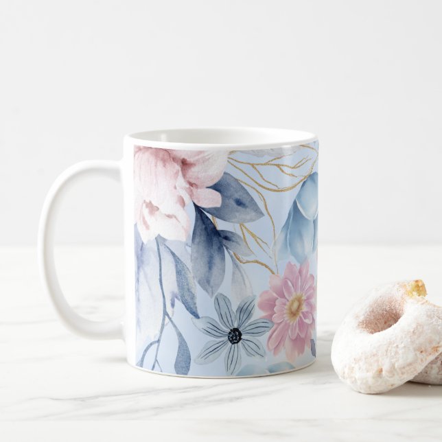 Caneca De Café Azul marinho E Floral Rosa (Com Donut)