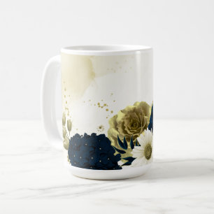 Caneca De Café azul marinho marfim flores douradas casamento