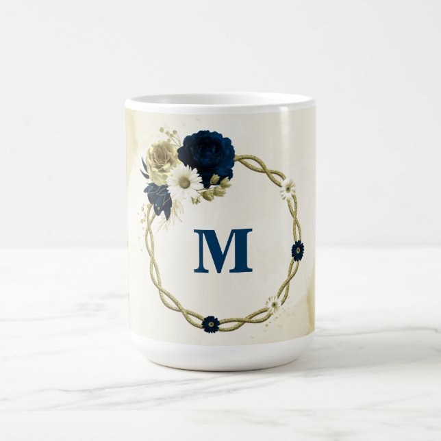 Caneca De Café azul marinho marfim flores douradas monograma (Centro)