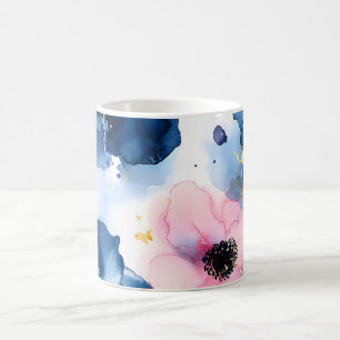 Caneca De Café Azul Marinho Rosa Bege Dourado Floral Aquarela