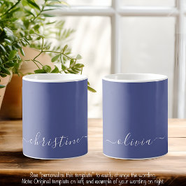 Caneca De Café Azul Médio C49 & Branco Minimalista Moderno Nome P