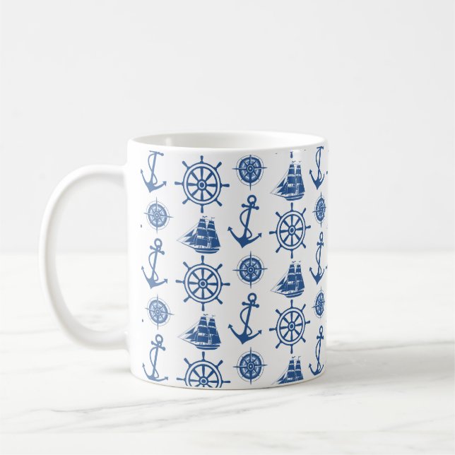 Caneca De Café Azul náutico e branco da âncora do tema (Esquerda)