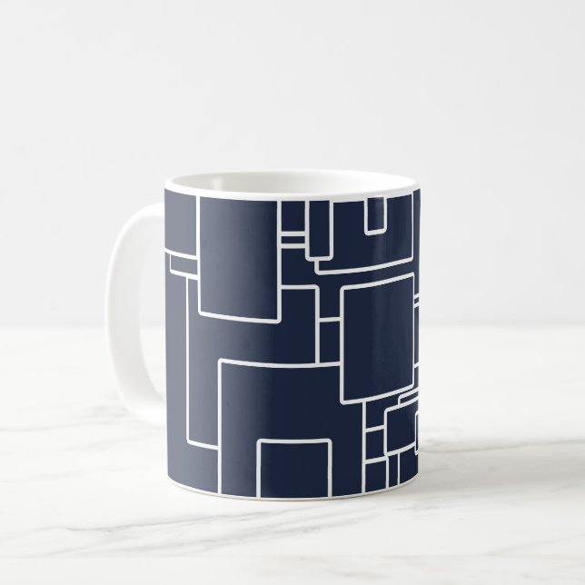 Caneca De Café Azul Naval Moderno e Padrão Abstrato Branco (Frente Esquerda)