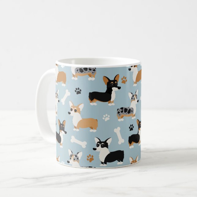Caneca De Café Azul Padrão Corgi (Frente Esquerda)