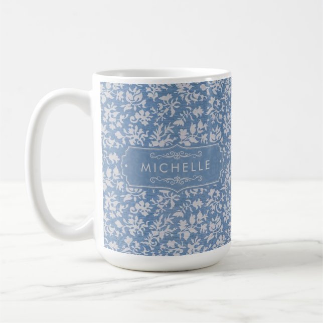 Caneca De Café Azul Pastel Macio & Floral Boho Branco Cinza Padrã (Esquerda)