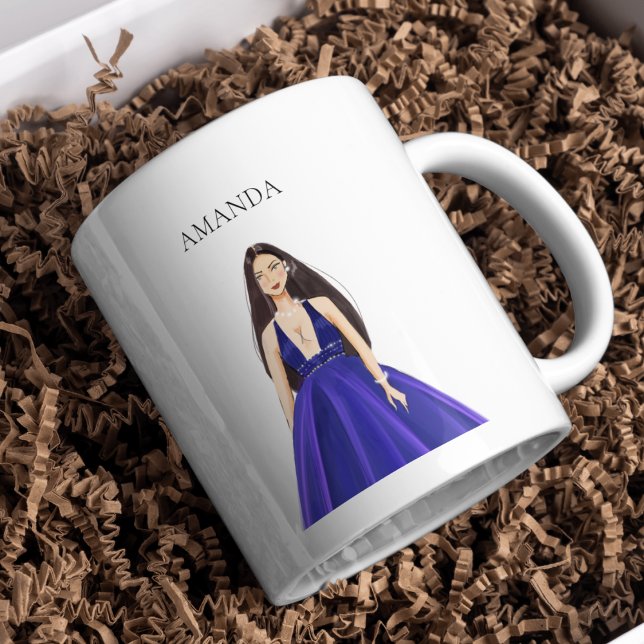 Caneca De Café Azul personalizado, desenho de menina (Criador carregado)