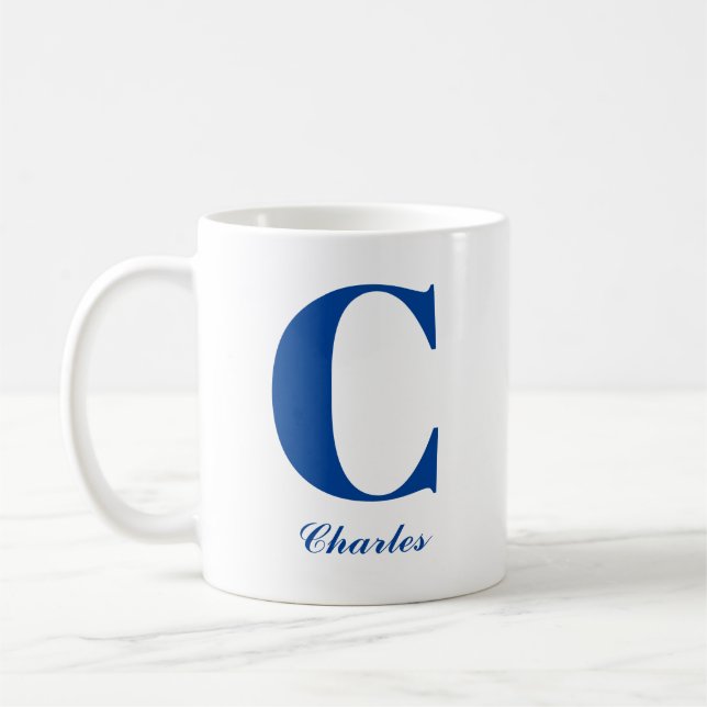 Caneca De Café Azul Personalizado Inicial e Nome Mug (Esquerda)