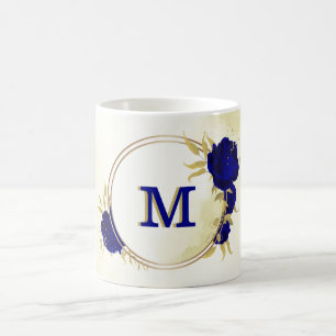 Caneca De Café azul real floral dourado