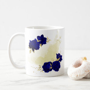 Caneca De Café azul real floral dourado