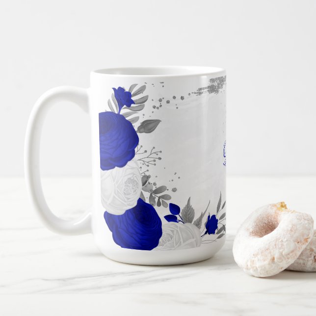 Caneca De Café azul real & flores brancas casório botânico pratea (Com Donut)