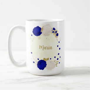 Caneca De Café azul real & flores brancas dourado botânico casame