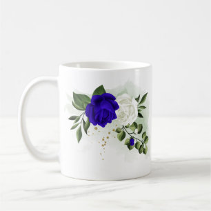 Caneca De Café azul real & flores brancas folhagens