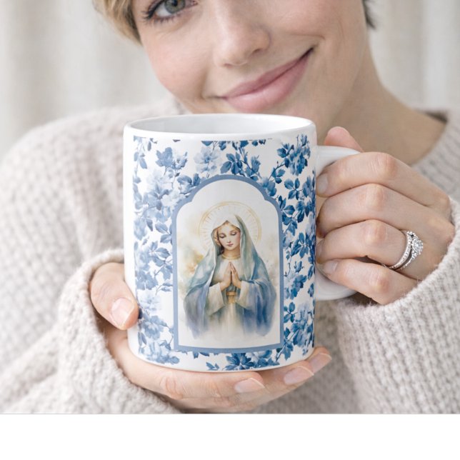 Caneca De Café Azul Religioso, Floral Abençoada Mãe Maria (Criador carregado)