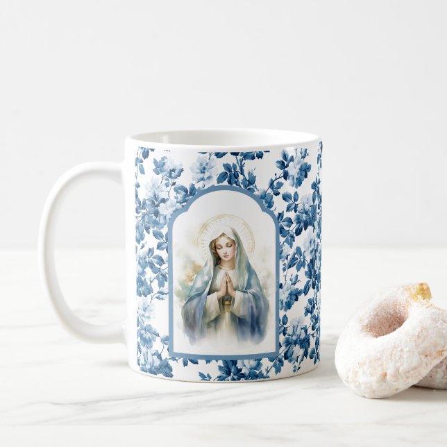 Caneca De Café Azul Religioso, Floral Abençoada Mãe Maria (Com Donut)