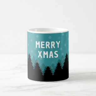 Caneca De Café Azul retro Feliz Natal com pinheiros e neve