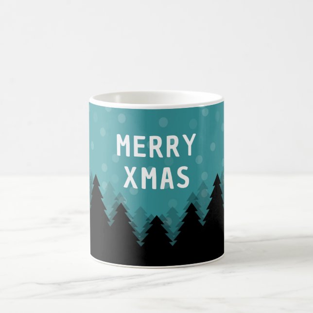 Caneca De Café Azul retro Feliz Natal com pinheiros e neve (Centro)