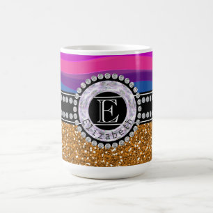Caneca De Café Azul Rosa Menor, Dourado Brilhante, Ouros, Monogra