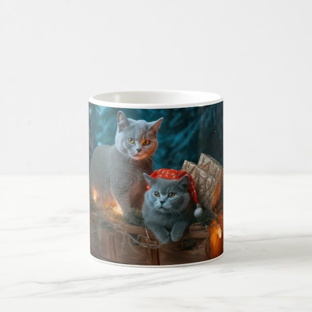 Caneca De Café Azul Russo Gato Snowy Sleigh Decência de Natal (Centro)