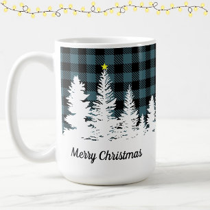 Caneca De Café Azul Rústico Plaid Búfalo Floresta Feliz Natal