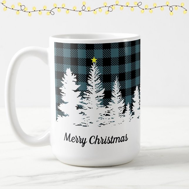Caneca De Café Azul Rústico Plaid Búfalo Floresta Feliz Natal  (Criador carregado)