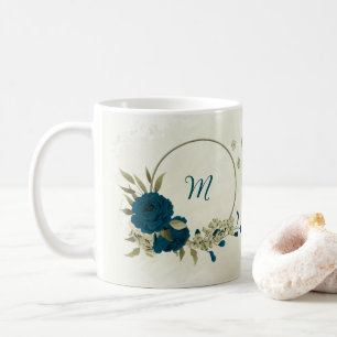 Caneca De Café azul turquesa bege floral 