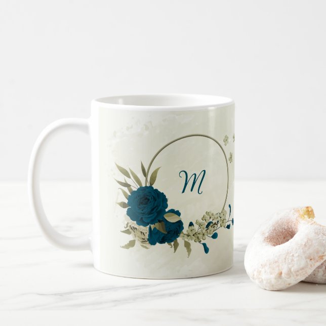 Caneca De Café azul turquesa bege floral  (Com Donut)