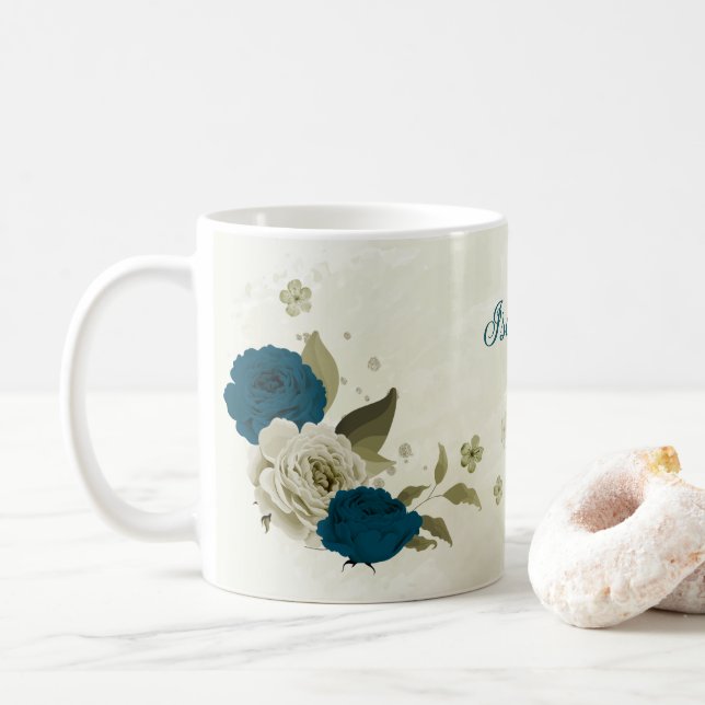 Caneca De Café azul turquesa bege floral  (Com Donut)