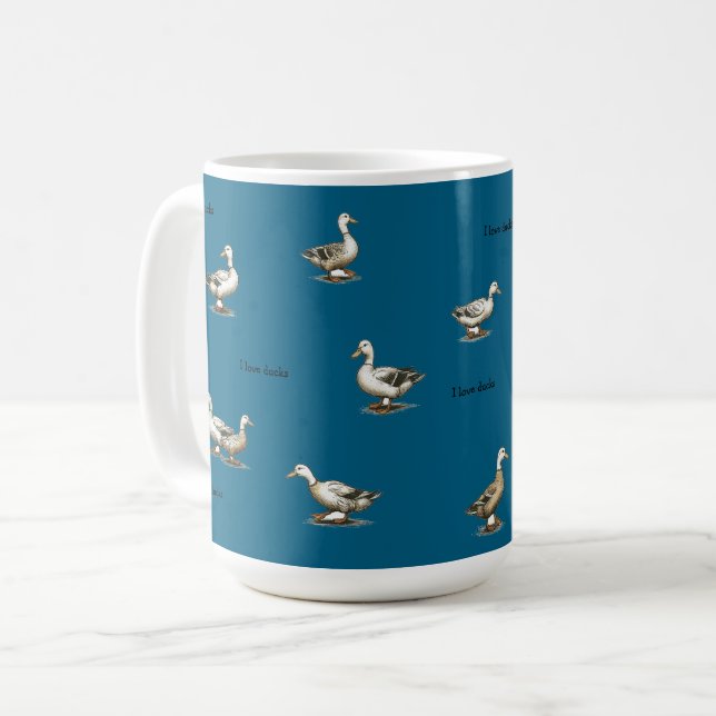 Caneca De Café Azul Turquesa Eu Amo Patos (Frente Esquerda)