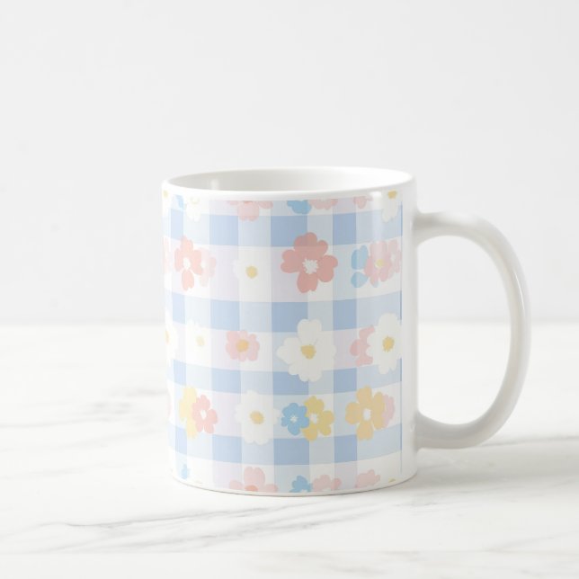 Caneca De Café Azul Verificado Floral (Direita)